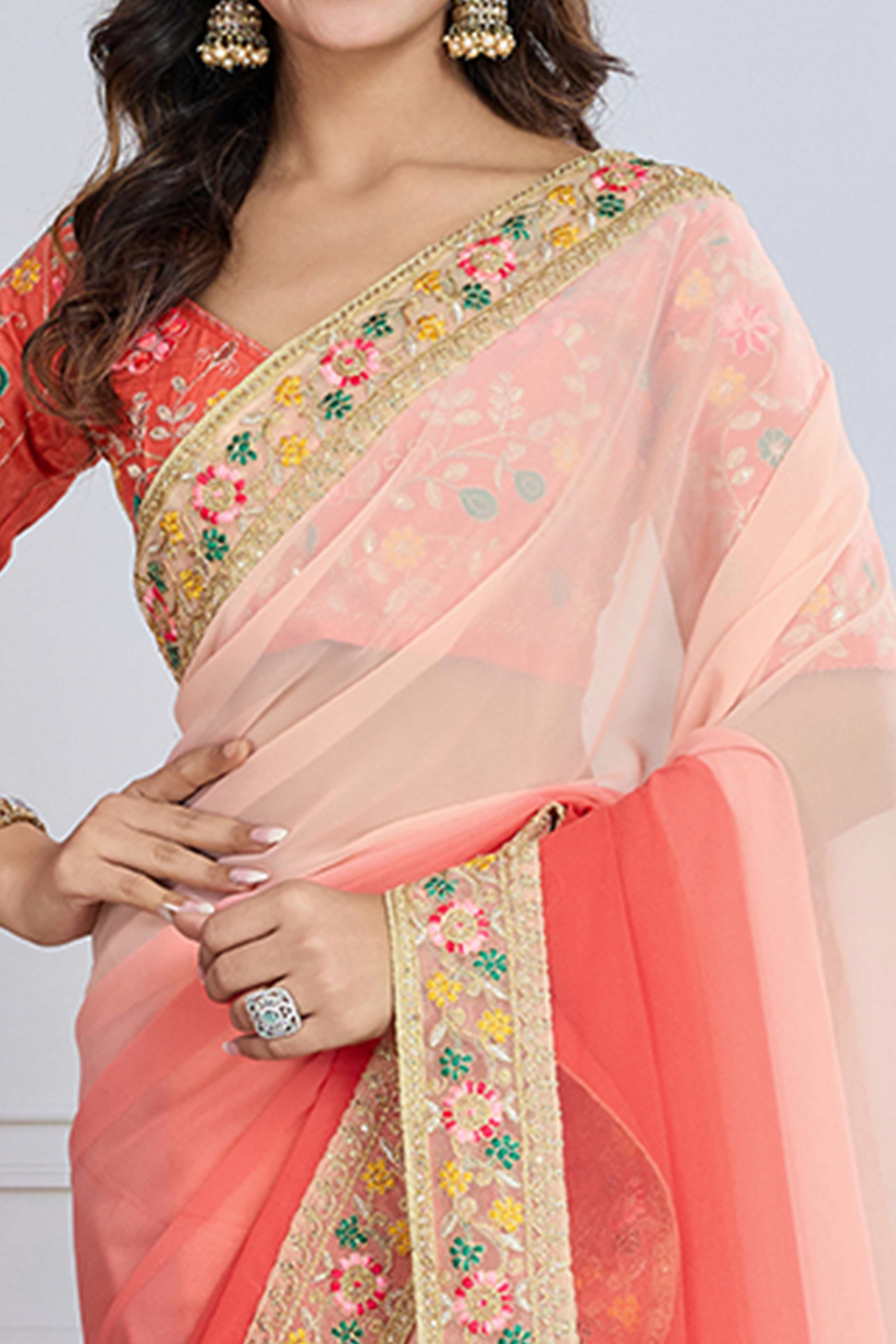 Peach To Coral Pink Georgette Ombre Saree With Intricate Floral Cording Embroidery & Sequin Detailing