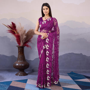 Purple Floral Thread Embroidered Net Saree