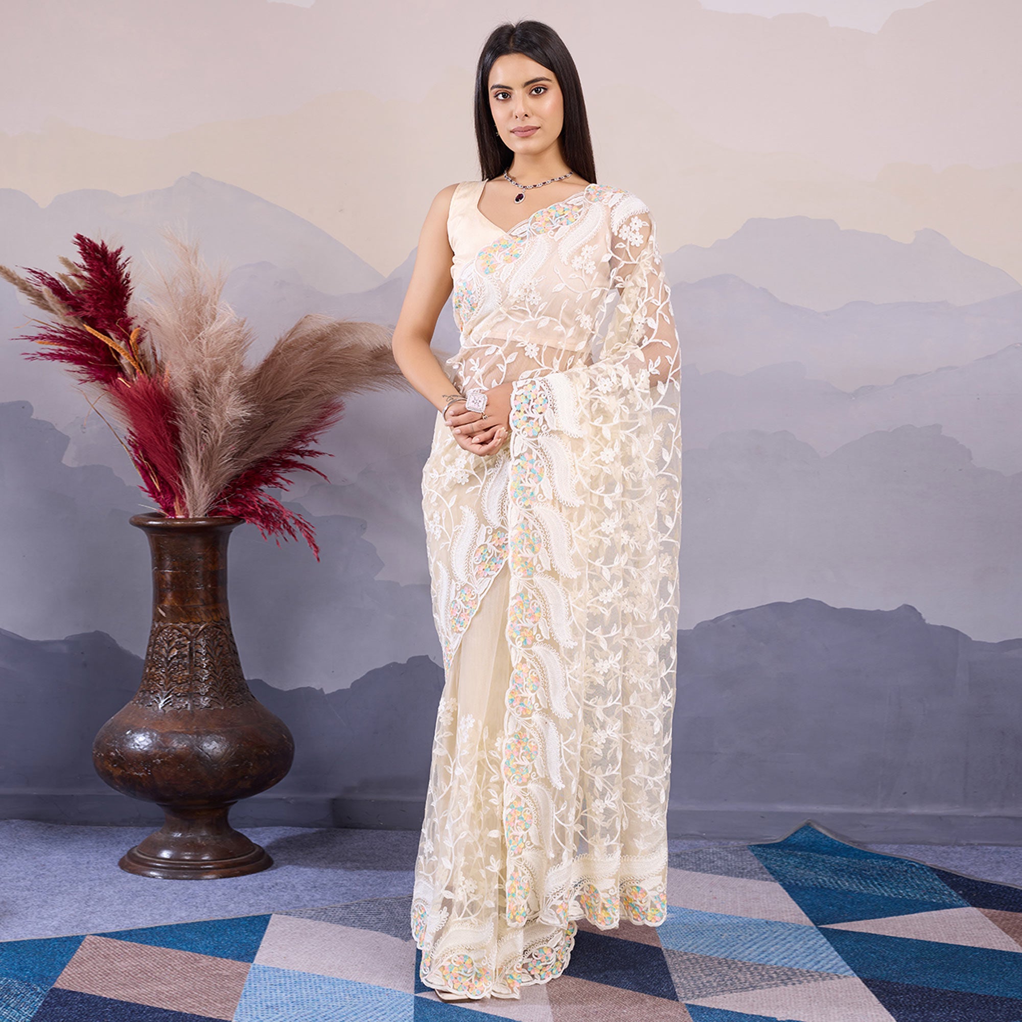 Cream Floral Thread Embroidered Net Saree