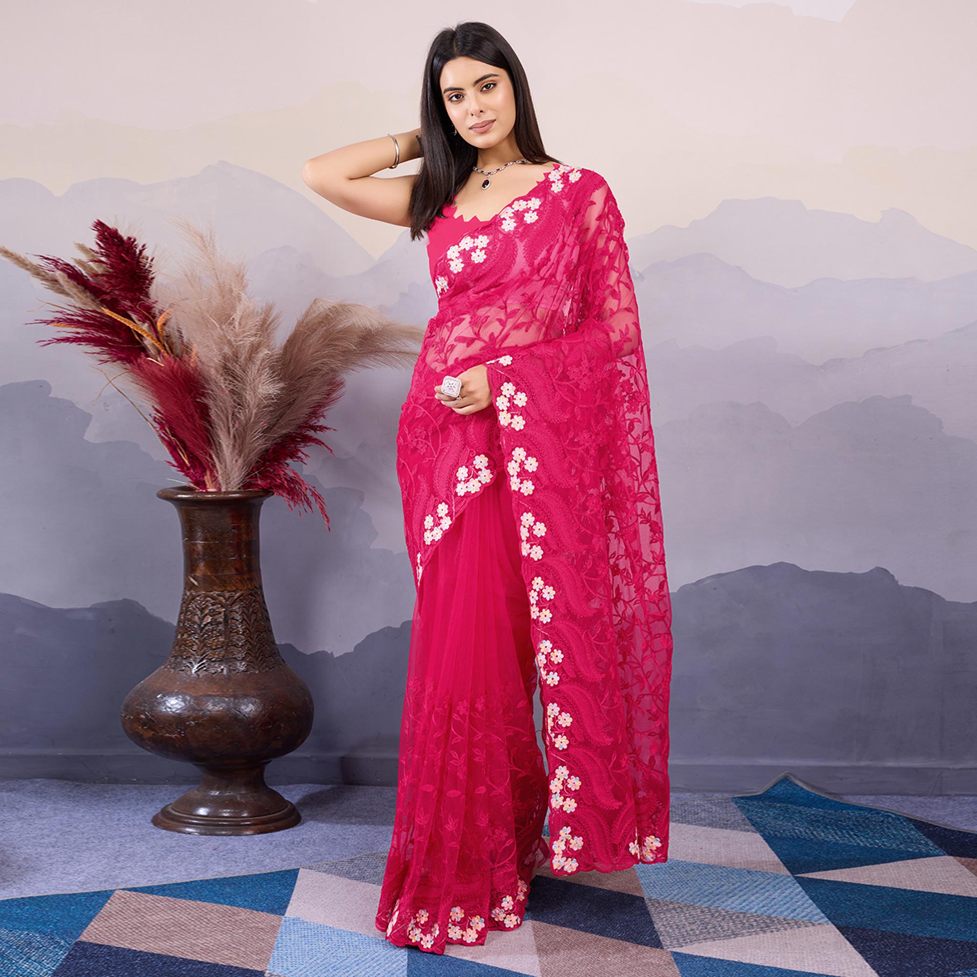 Pink Floral Thread Embroidered Net Saree