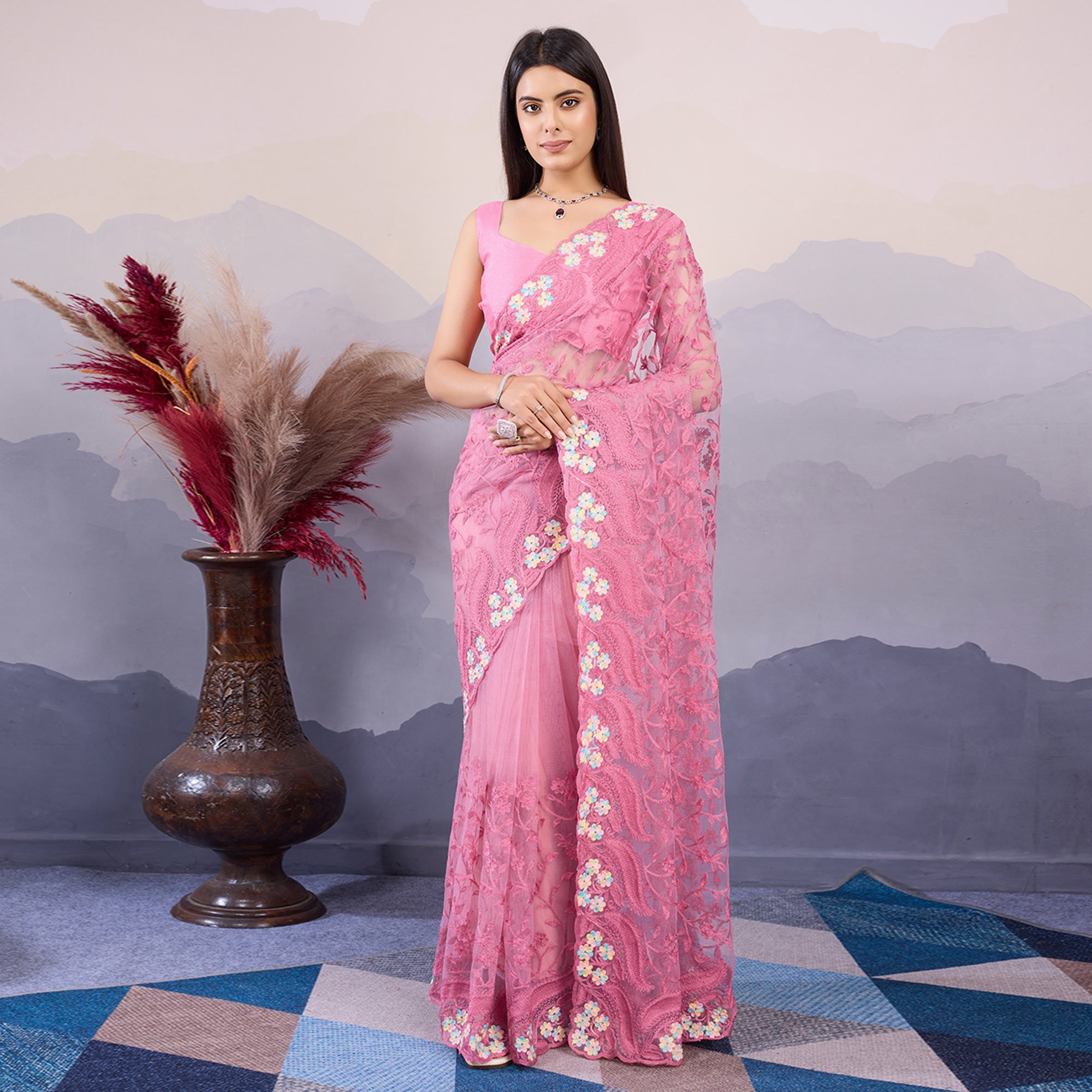 Baby Pink Floral Embroidered Net Saree