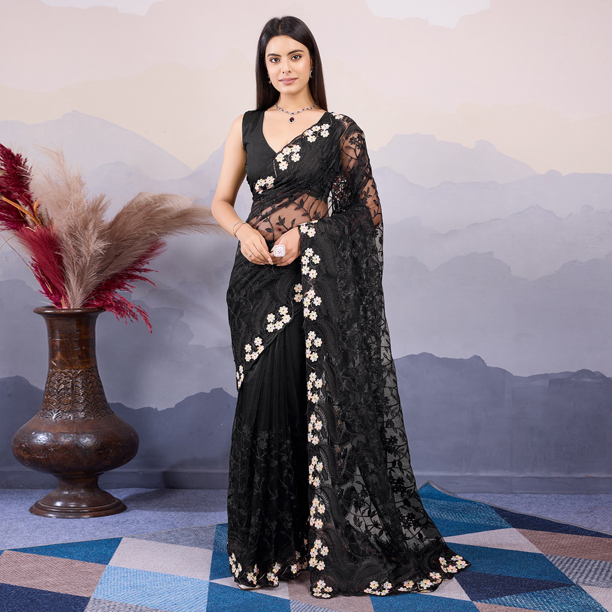 Black Floral Thread Embroidered Net Saree