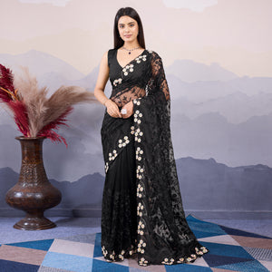 Black Floral Thread Embroidered Net Saree
