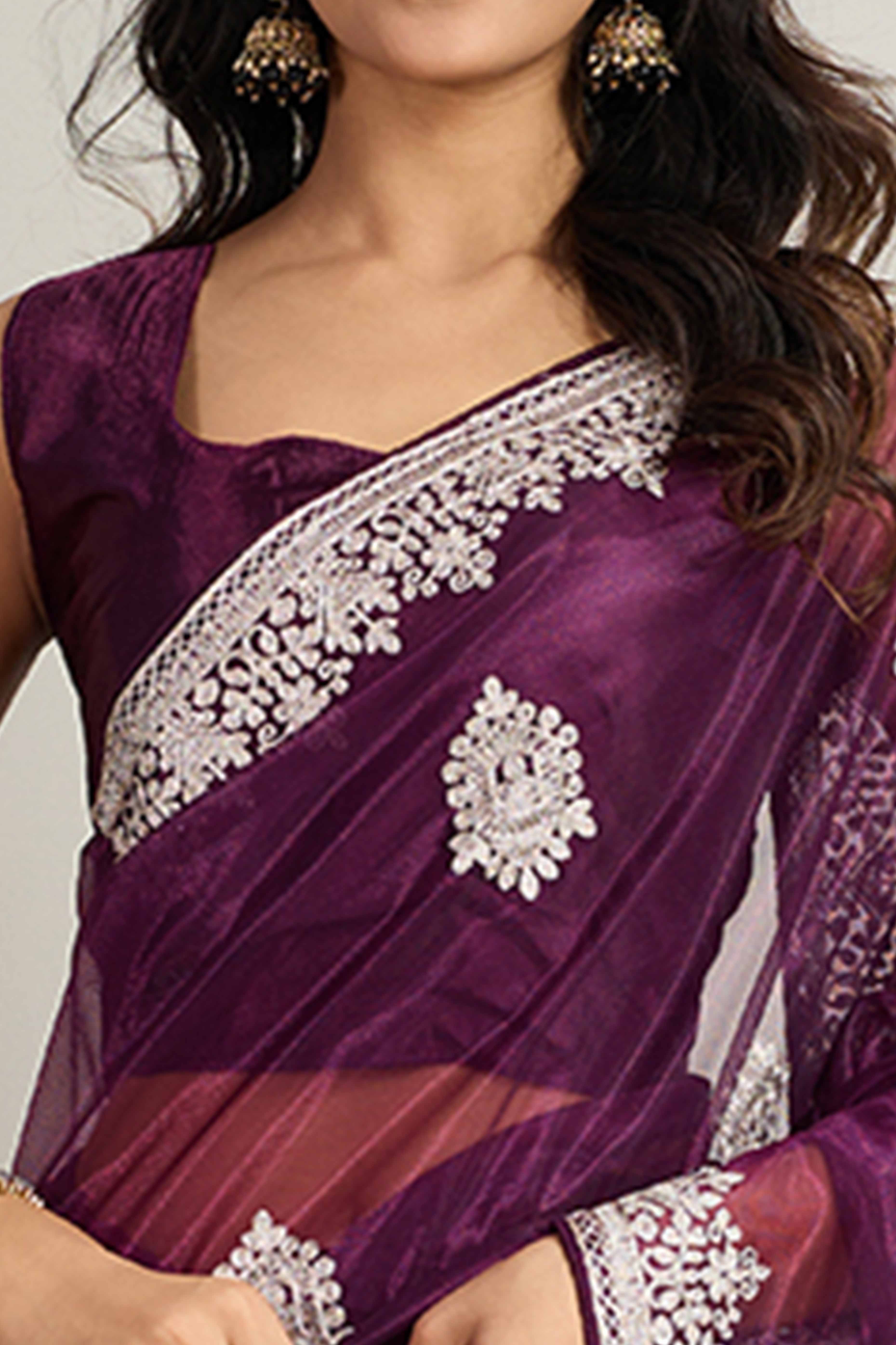 Stylish Purple Twill Net Saree Crafted With Floral Cording & Sequins Embroidery Work