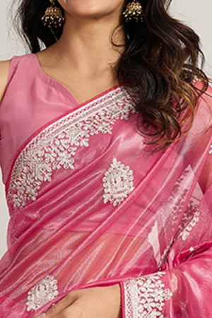 Elegant Pink Floral Cording Embroidered Twill Net Saree With Sequins Detailing