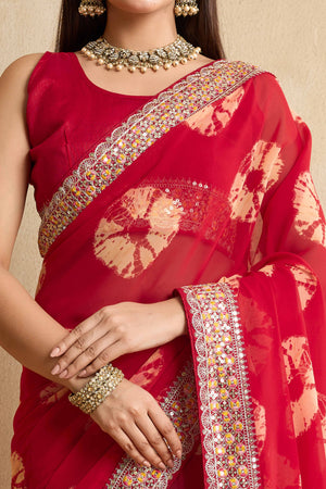 Red Georgette Saree with Contemporary Tie-Dye Patterns and Classic Lace Work Finish