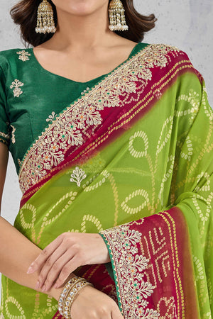 Traditional Bandhani Green Georgette Saree with Fine Embroidery