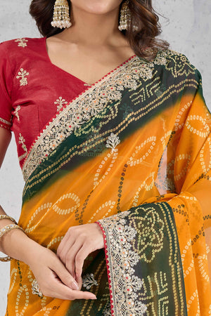 Traditional Bandhani Mustard Georgette Saree with Fine Embroidery