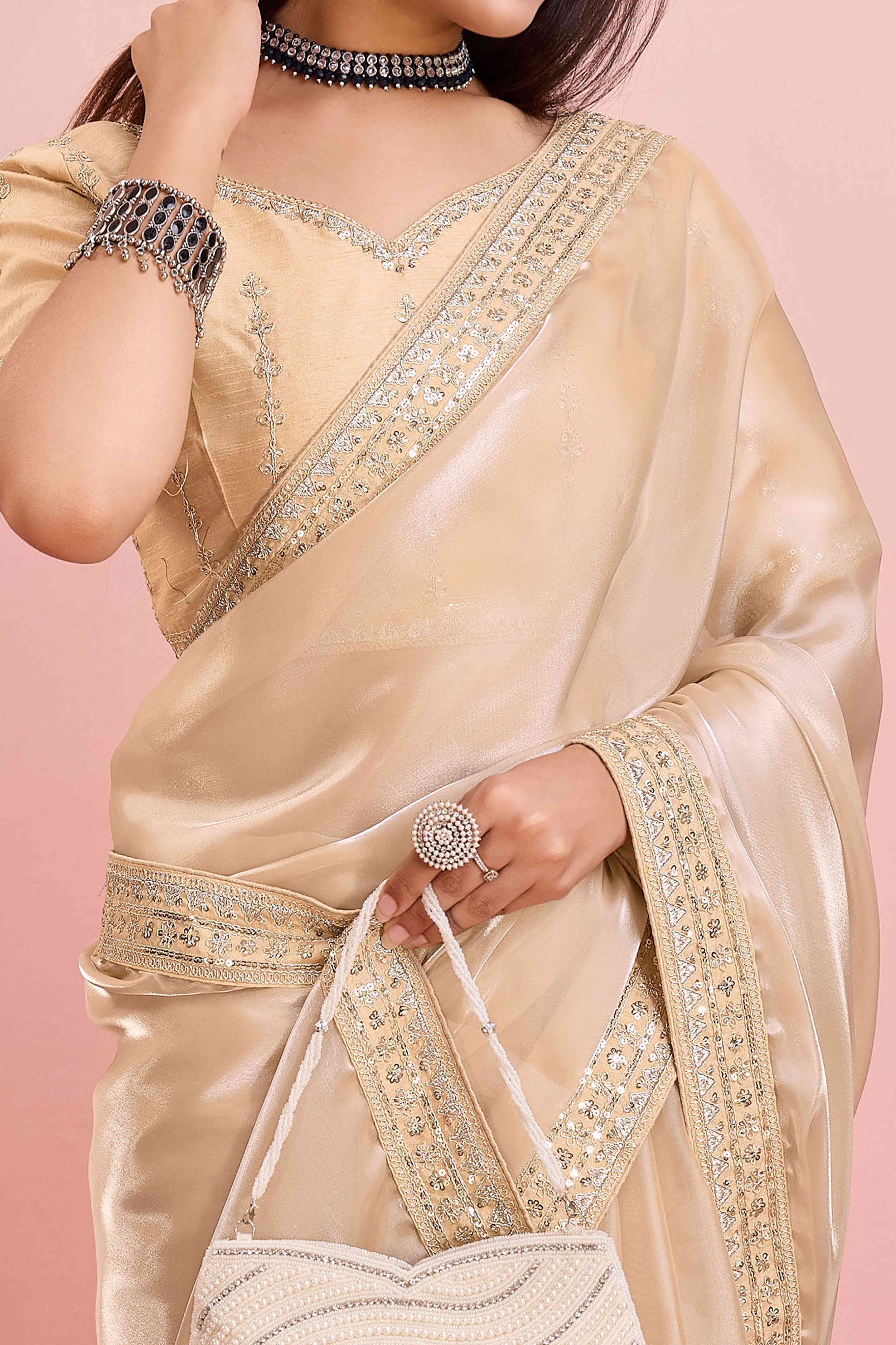 Cream Solid With Floral Sequins Embroidered Jimmy Choo Tissue Saree