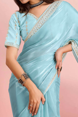 Blue Solid With Floral Sequins Embroidered Jimmy Choo Tissue Saree