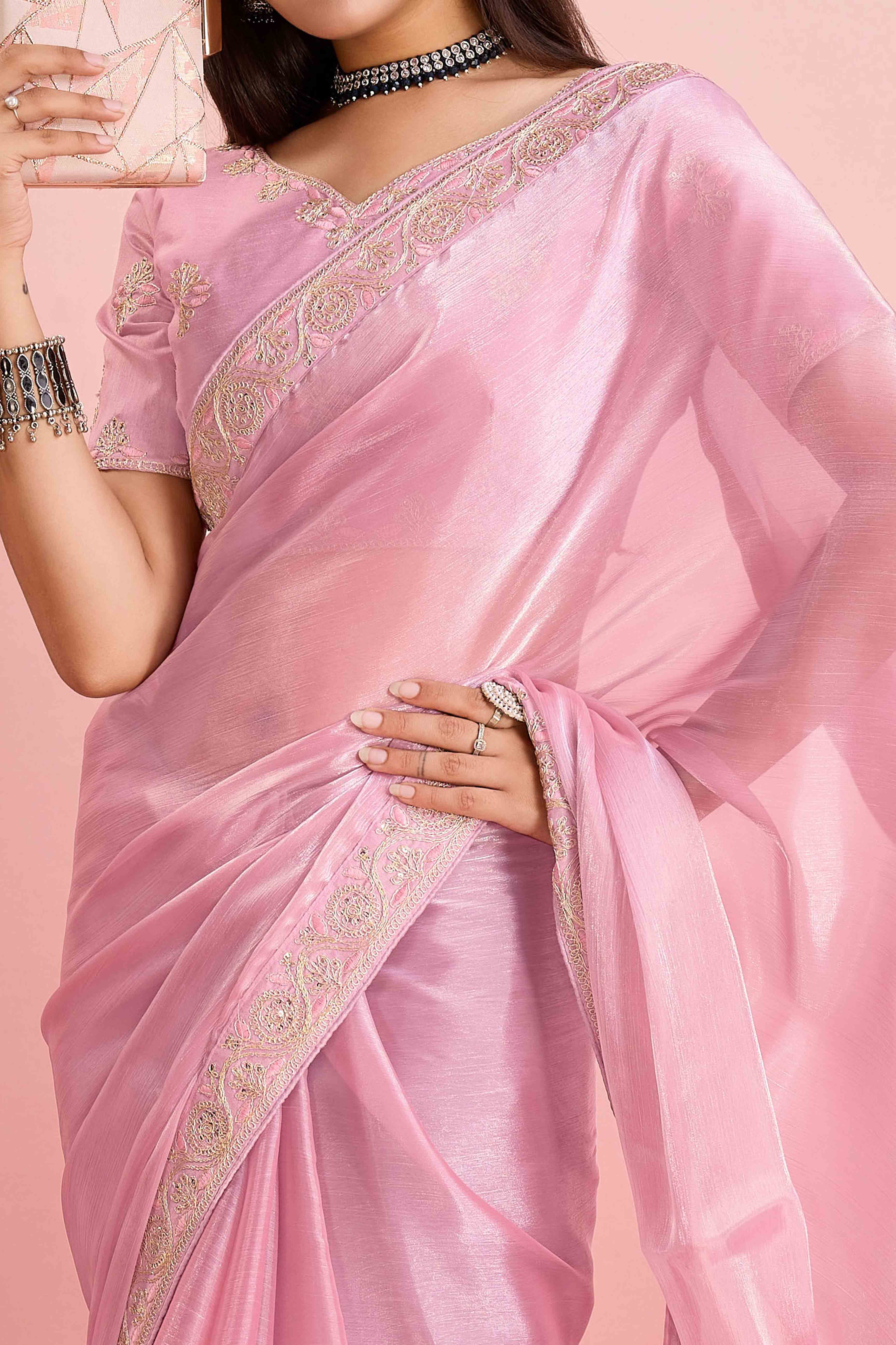 Pink Solid With Sequins Embroidery Border Mulberry Silk Saree