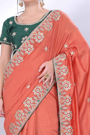 Orange Vichitra Silk Saree Embellished With Floral Cording Embroidery & Sparkling Sequins