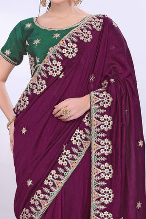 Wine Vichitra Silk Saree Embellished With Floral Cording Embroidery & Sparkling Sequins