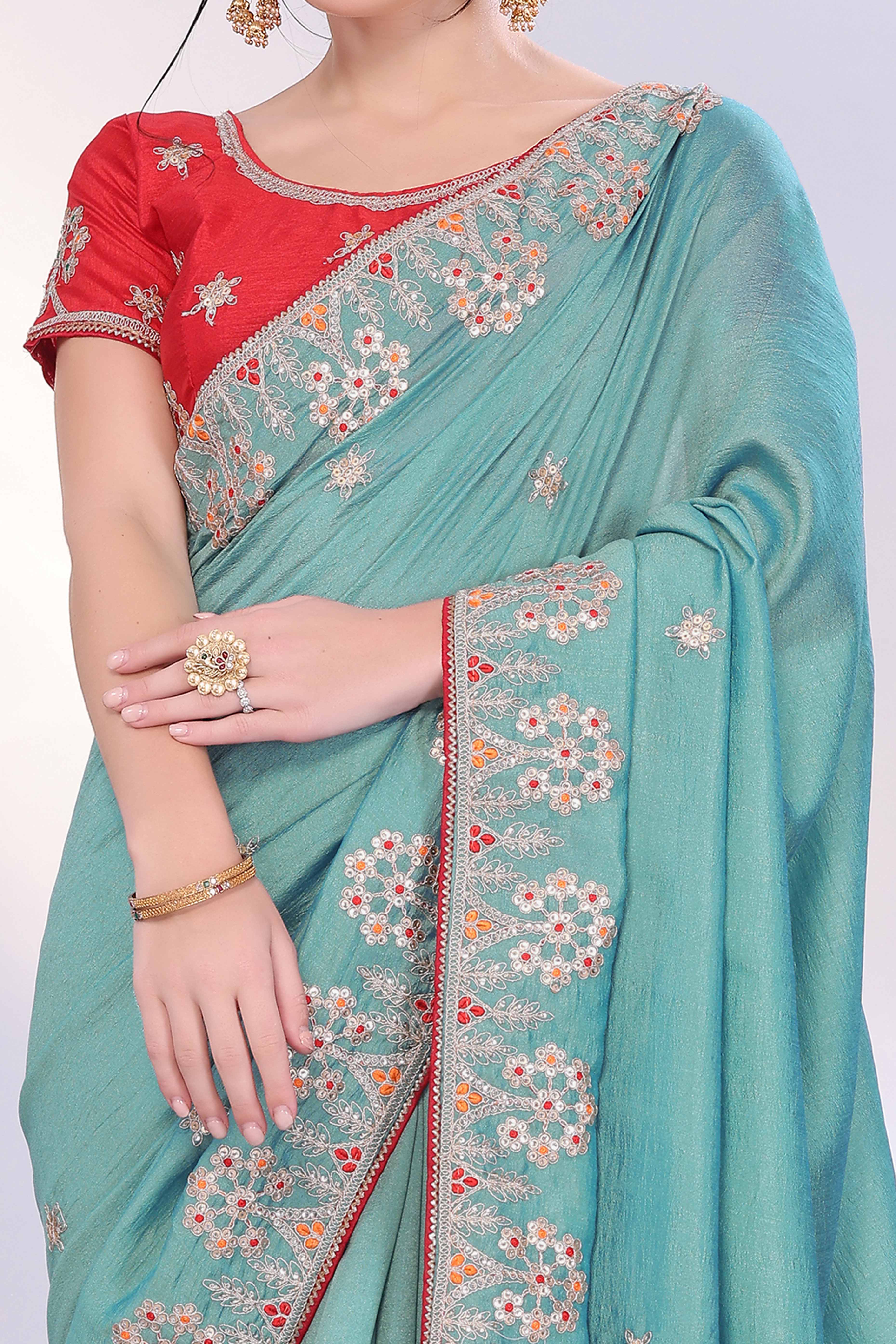 Turquoise Vichitra Silk Saree Embellished With Floral Cording Embroidery & Sparkling Sequins