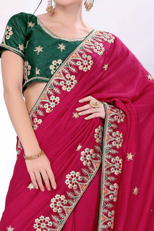 Pink Vichitra Silk Saree Embellished With Floral Cording Embroidery & Sparkling Sequins