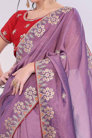 Lavender Vichitra Silk Saree Embellished With Floral Cording Embroidery & Sparkling Sequins
