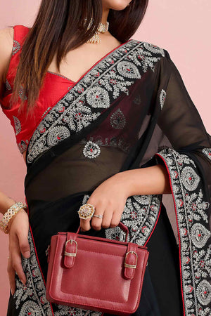 Black Floral Sequins Embroidered Georgette Saree