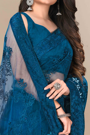 Teal Party Wear Net Saree Featuring Rich Floral Embroidery