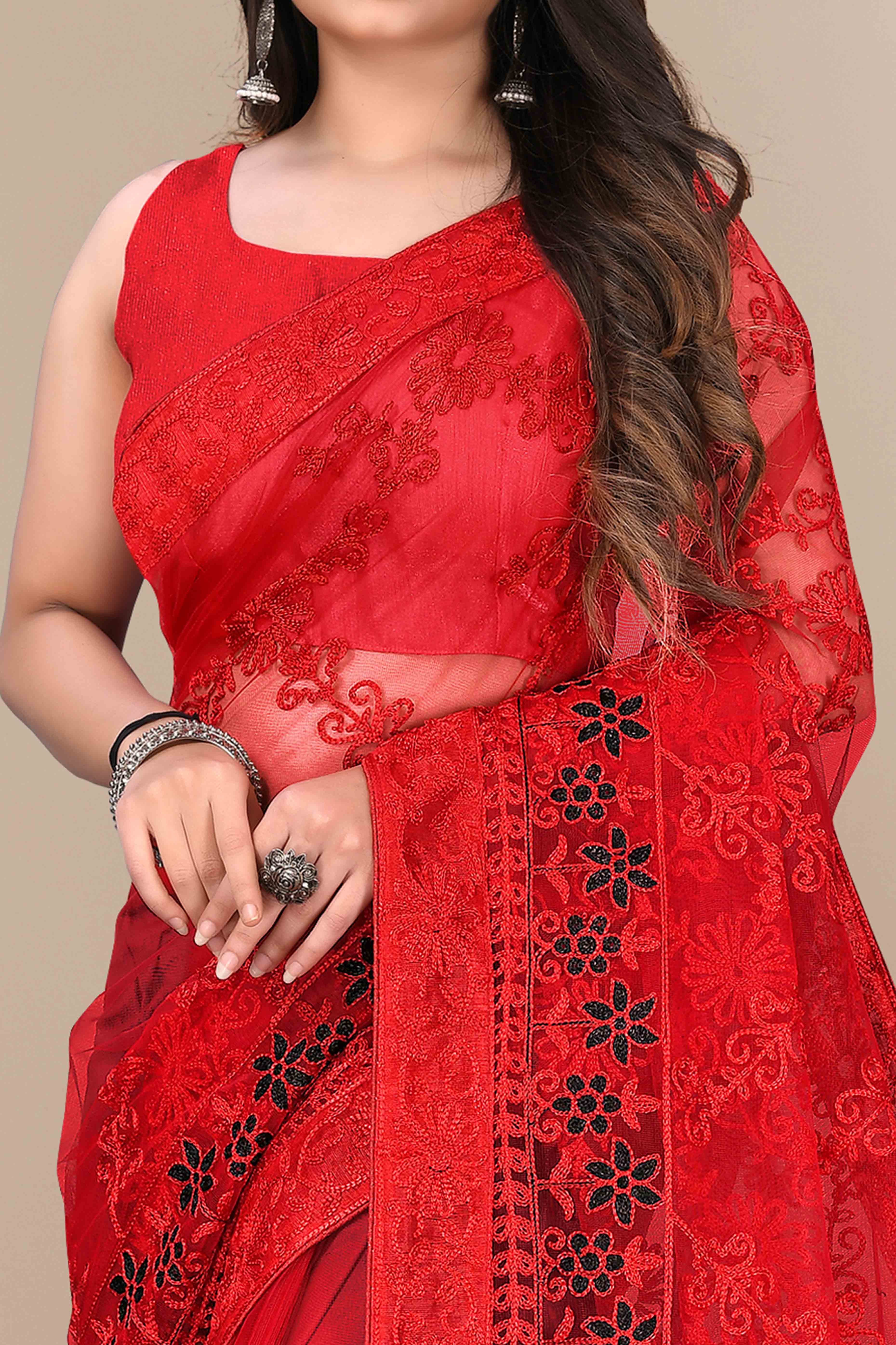 Red Party Wear Net Saree Featuring Rich Floral Embroidery