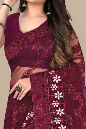 Wine Party Wear Net Saree Featuring Rich Floral Embroidery