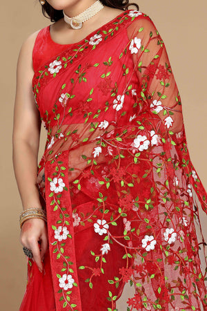 Red Net Saree with All Over Floral Heavy Embroidery