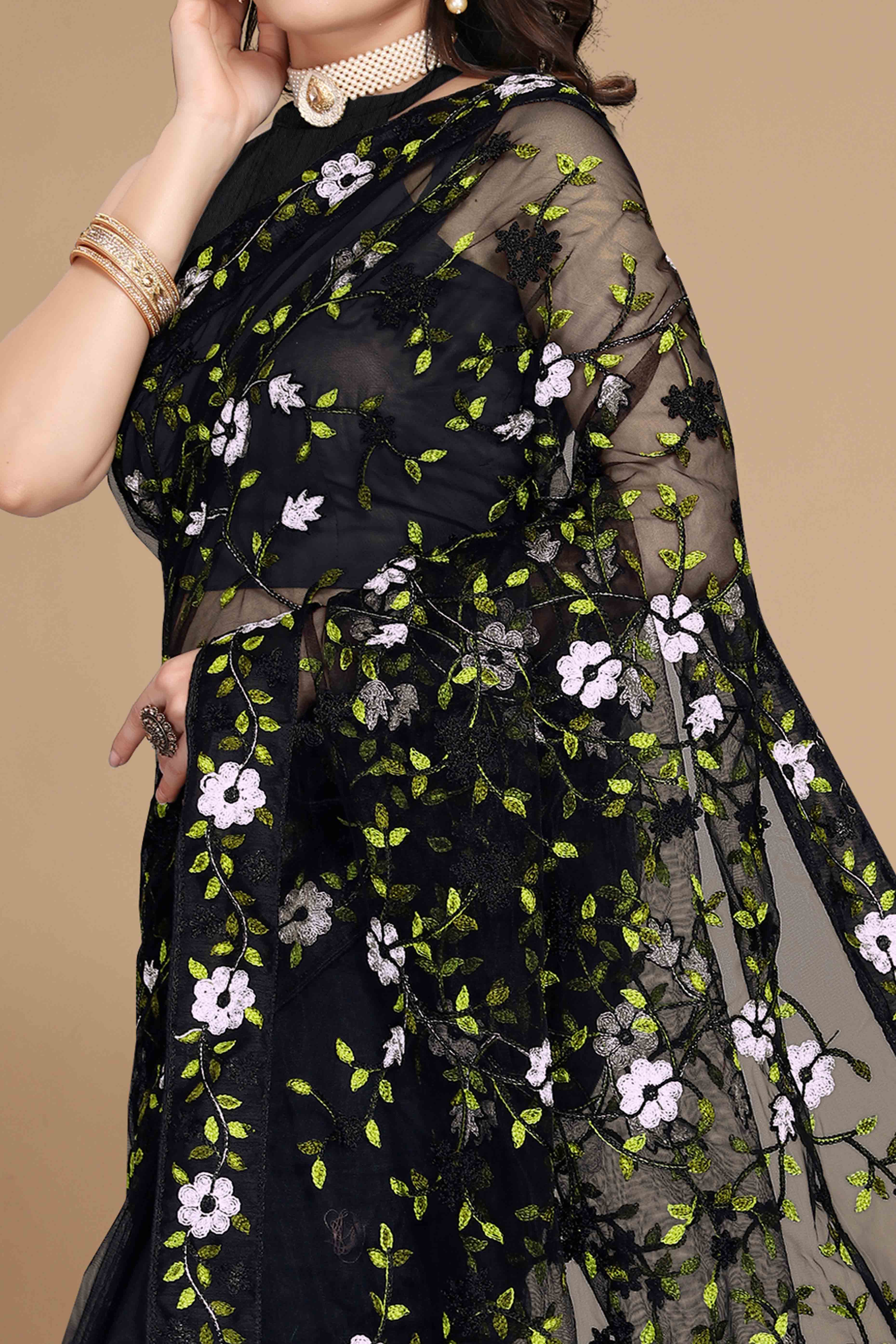 Black Net Saree with All Over Floral Heavy Embroidery