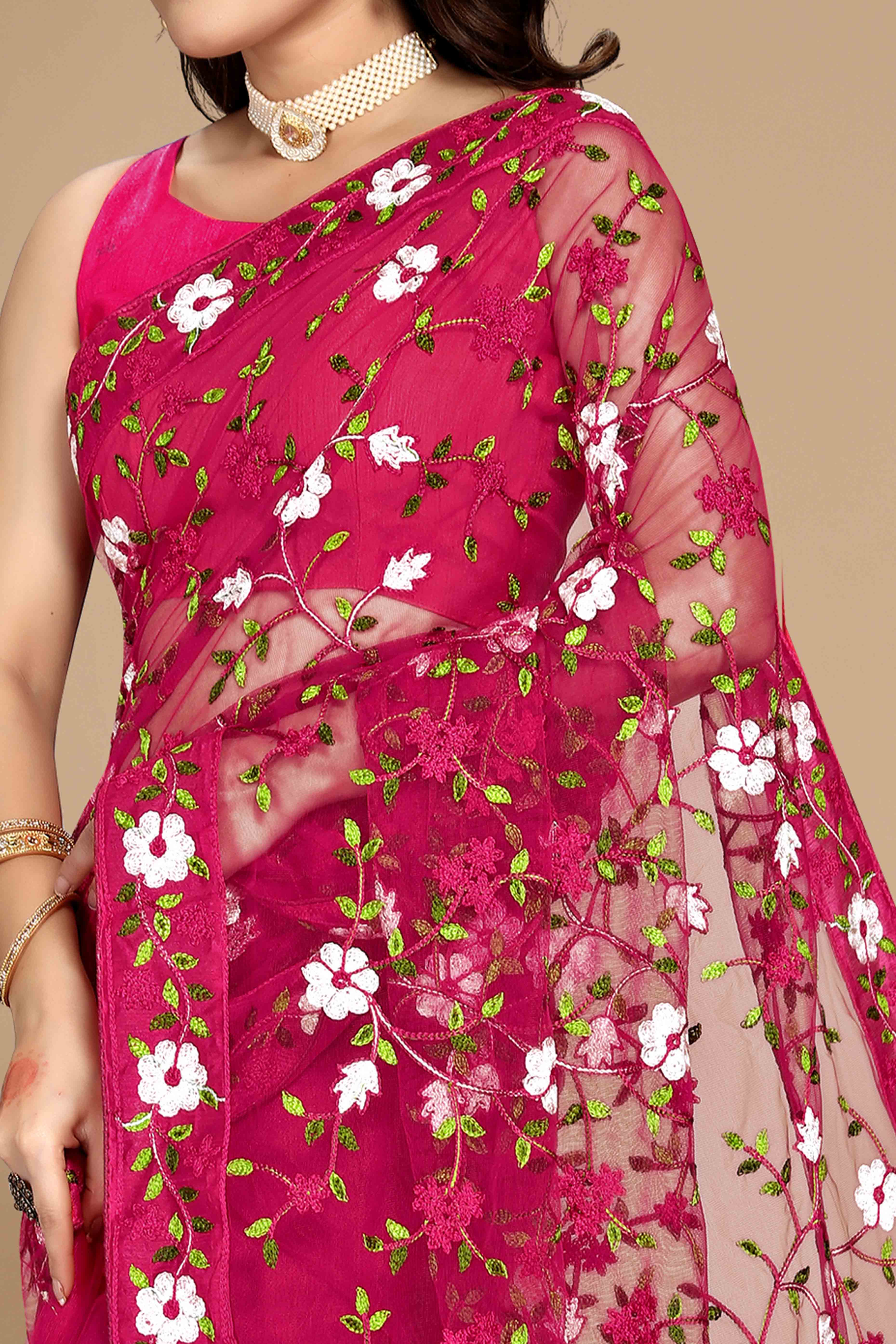 Dark Pink Net Saree with All Over Floral Heavy Embroidery