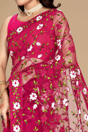 Dark Pink Net Saree with All Over Floral Heavy Embroidery