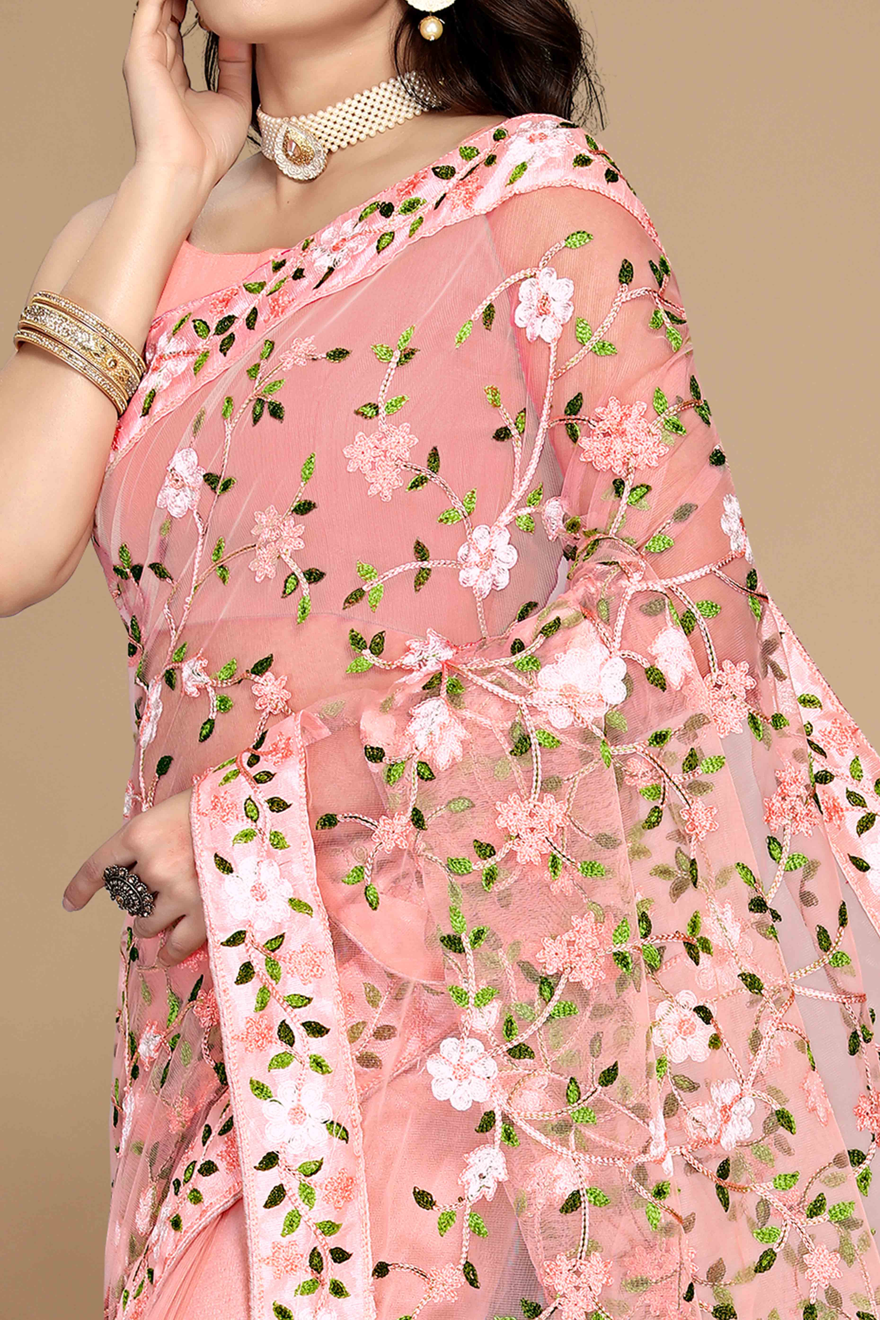 Peach Net Saree with All Over Floral Heavy Embroidery