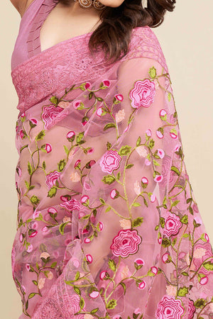 Pink Floral Embroidered Party Wear Saree in Net Fabric with Lavish Detailing