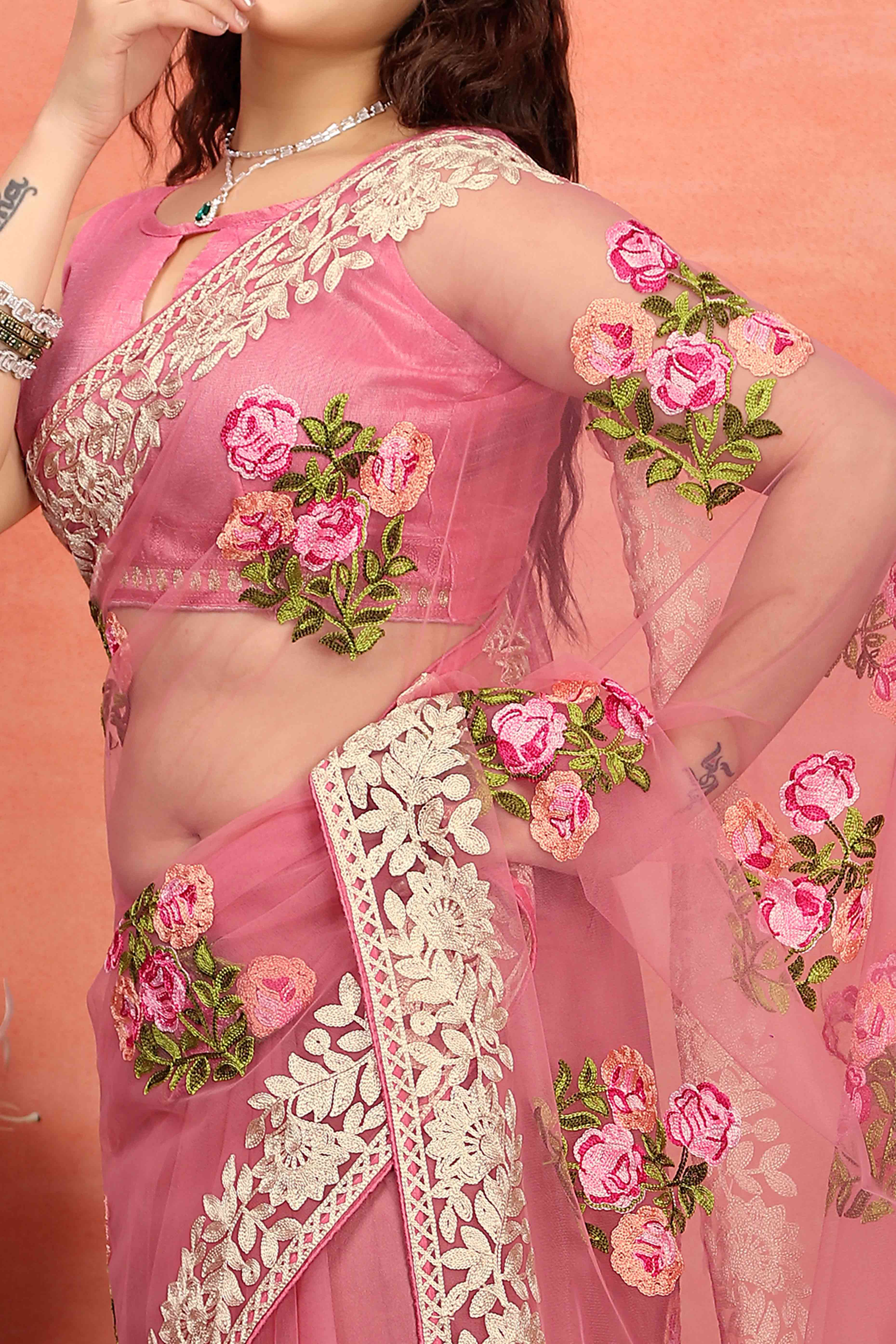 Onion Pink Floral Embroidered Net Saree