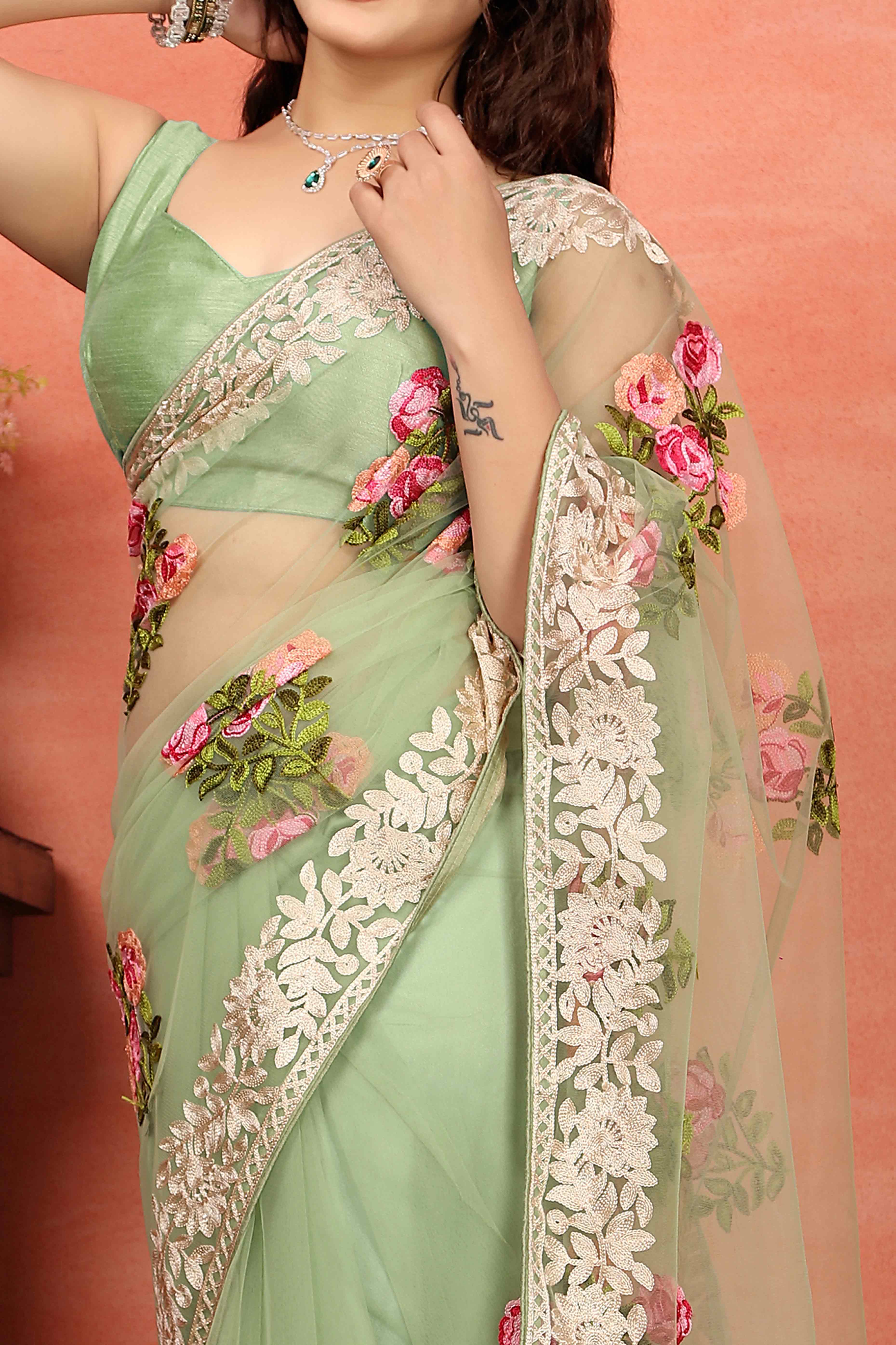 Green Floral Embroidered Net Saree