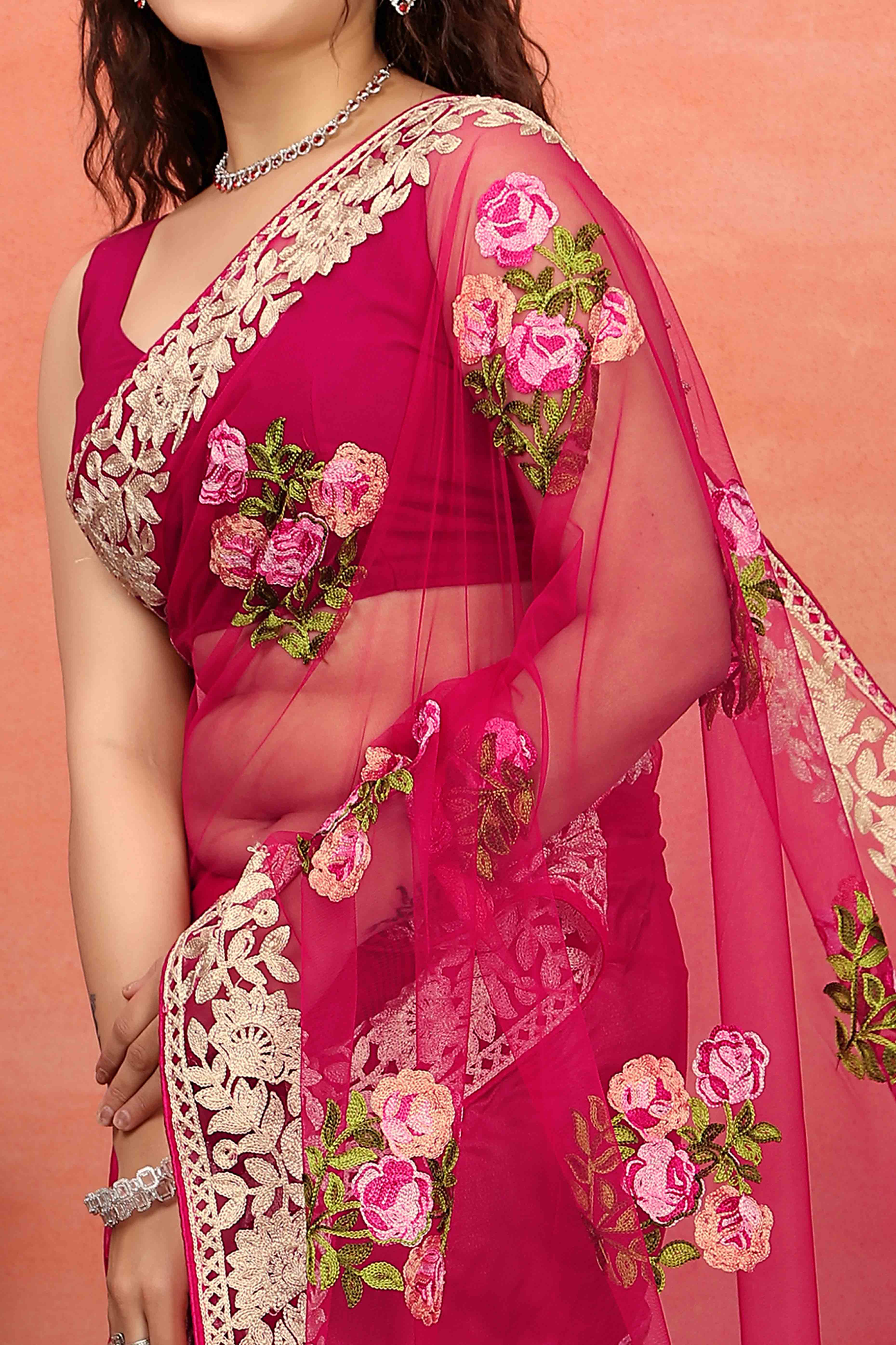 Rani Pink Floral Embroidered Net Saree