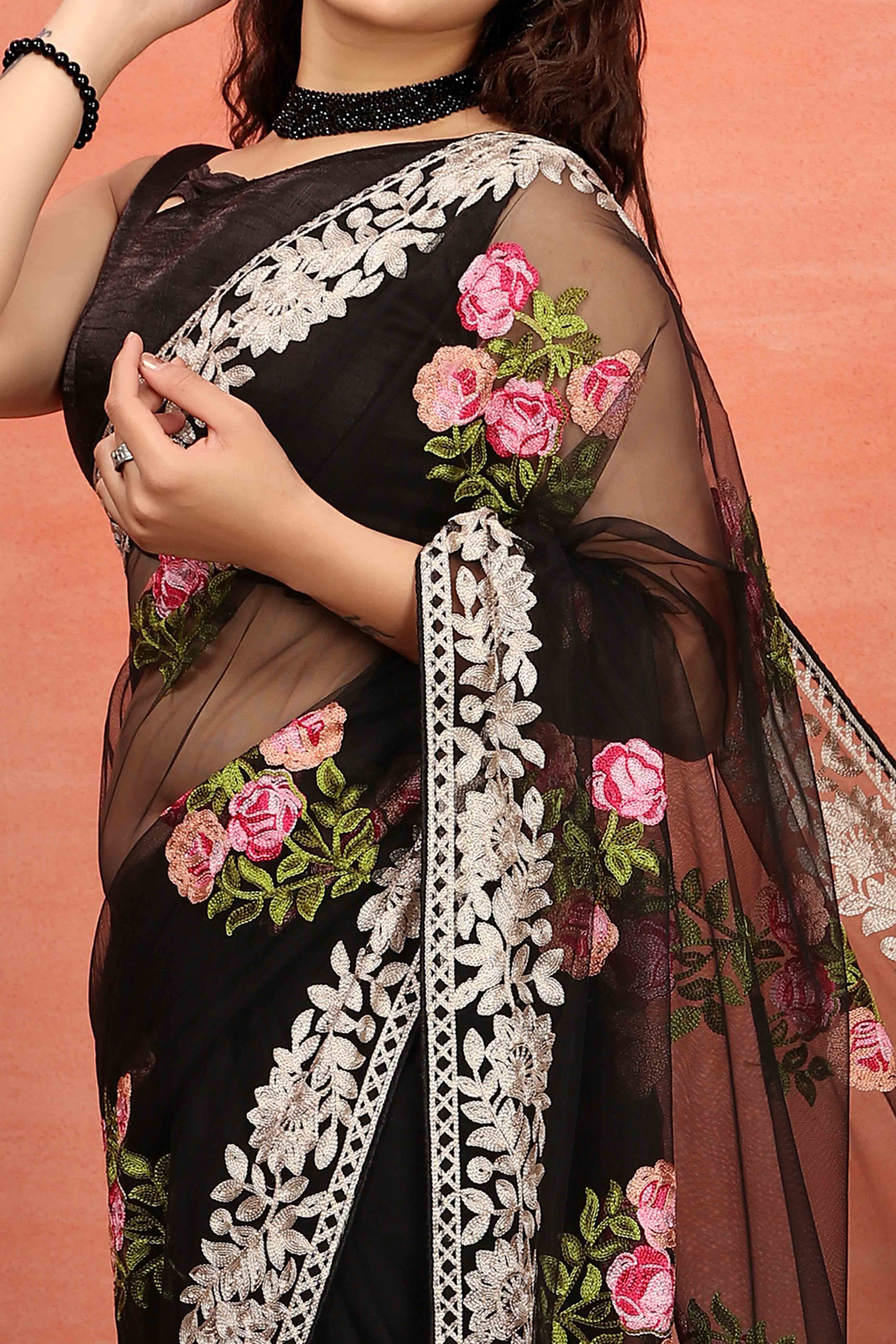 Black Floral Embroidered Net Saree