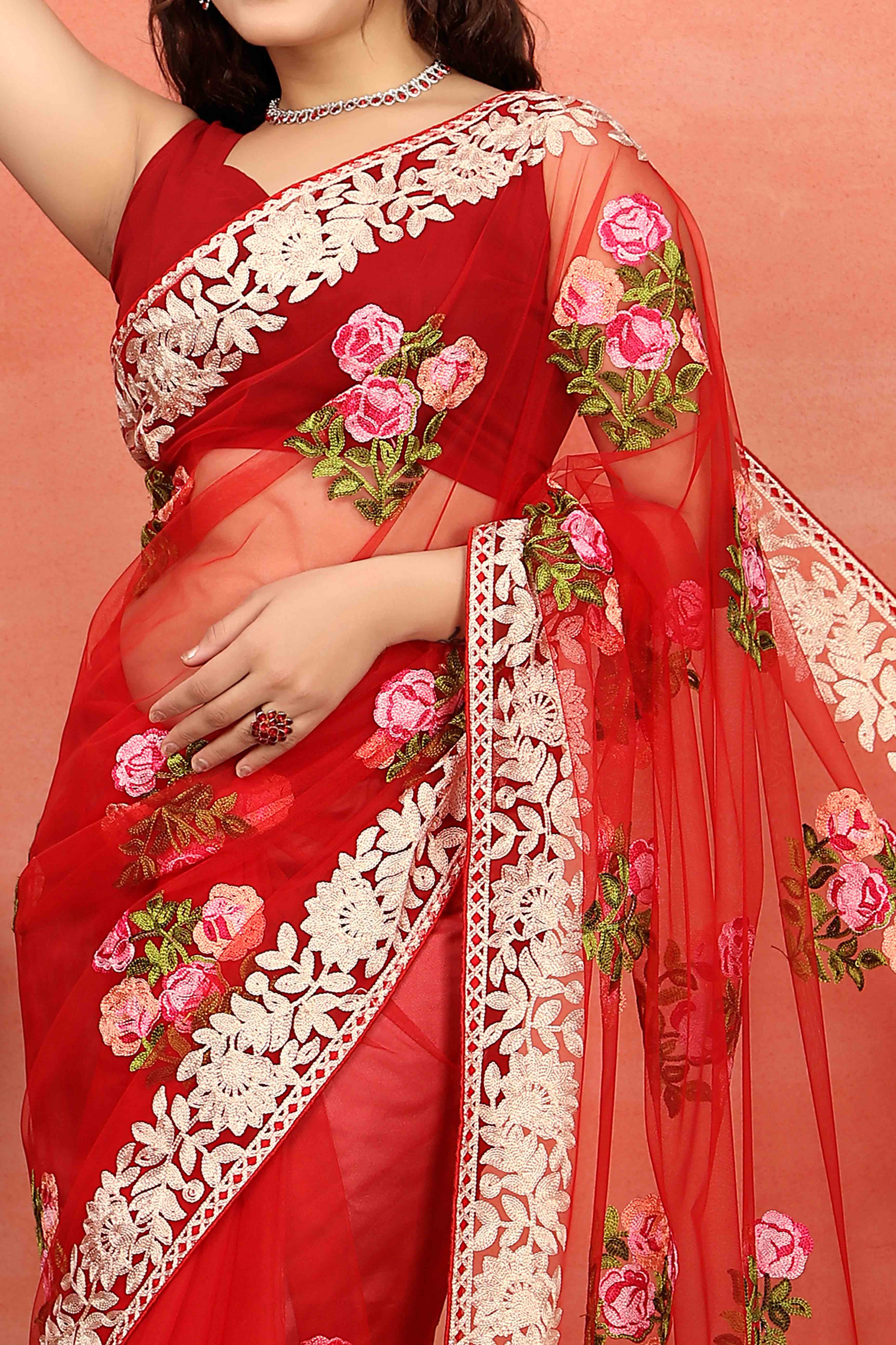 Red Floral Embroidered Net Saree