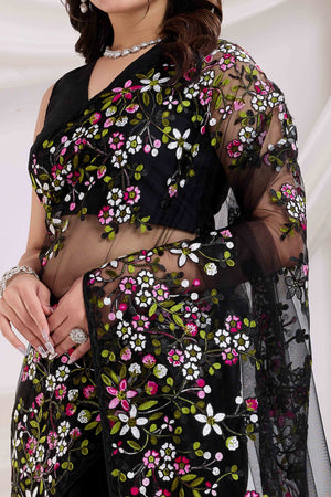 Black Floral Embroidered Net Saree