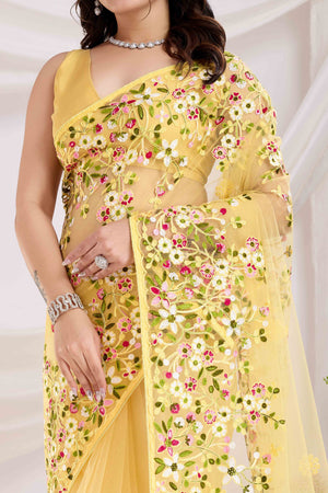 Yellow Floral Embroidered Net Saree