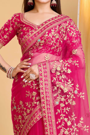 Rani Pink Soft Net Saree With Delicate Floral Embroidery & Shimmering Sequins Work