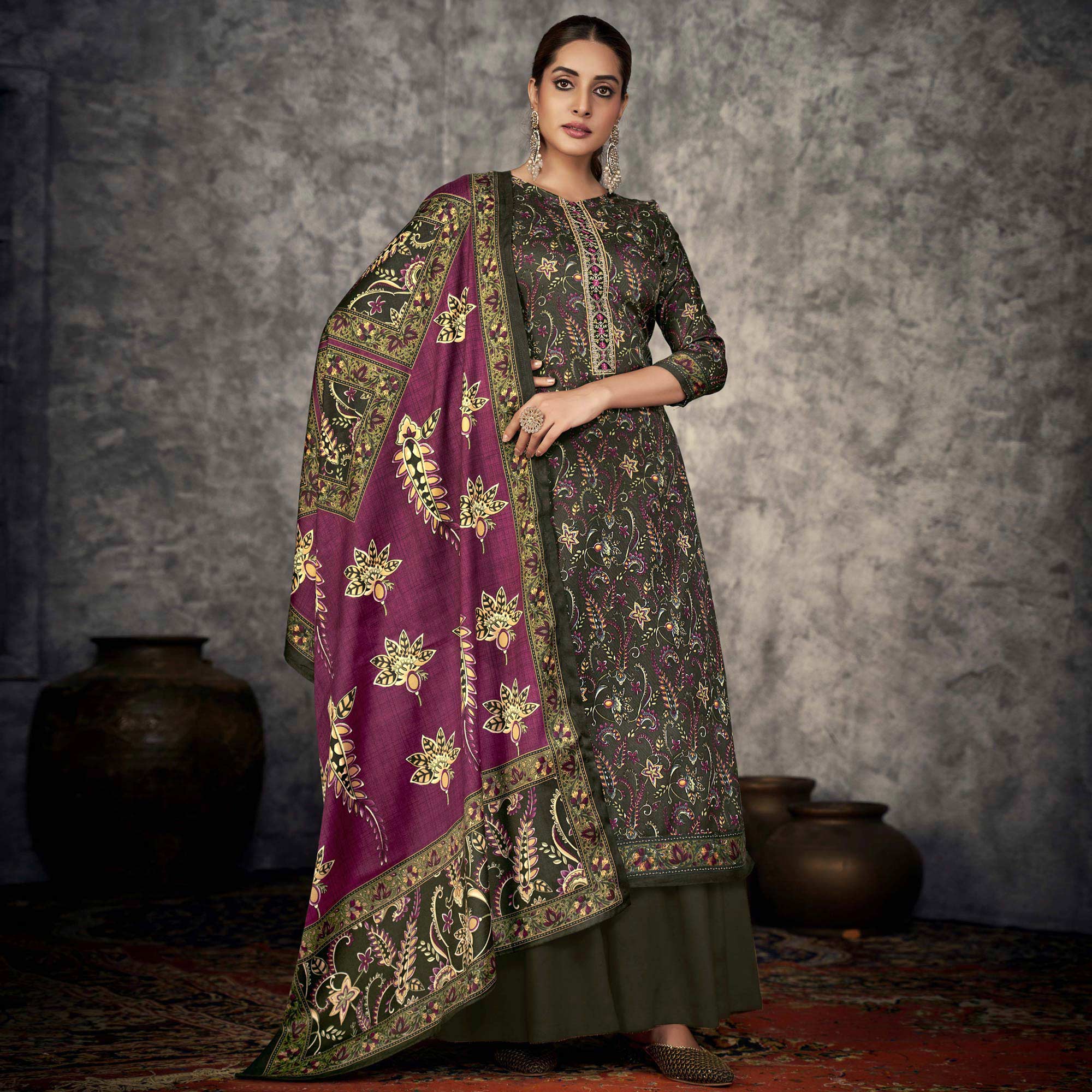 Green Printed With Embroidered Pashmina Suit