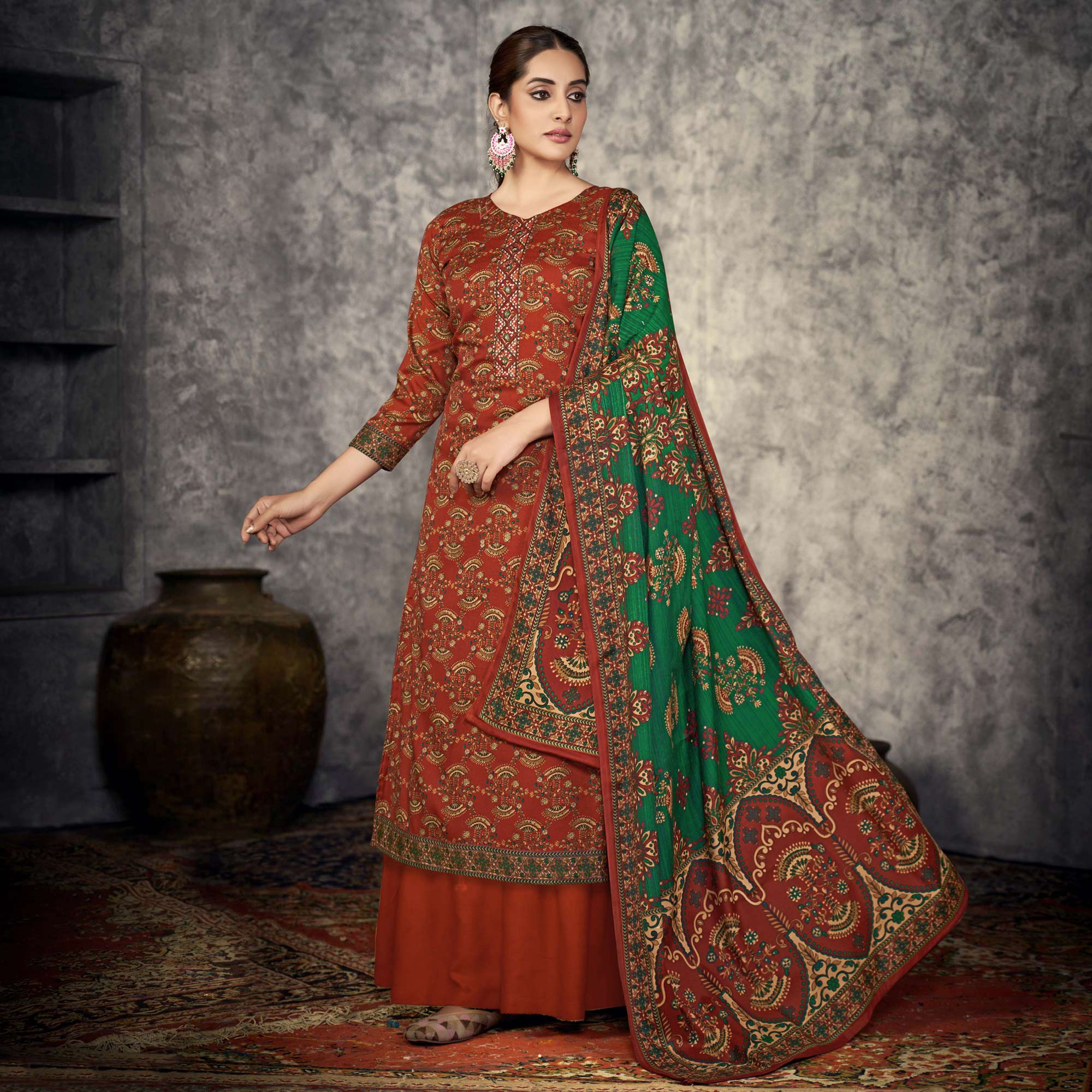 Rust Printed With Embroidered Pashmina Suit
