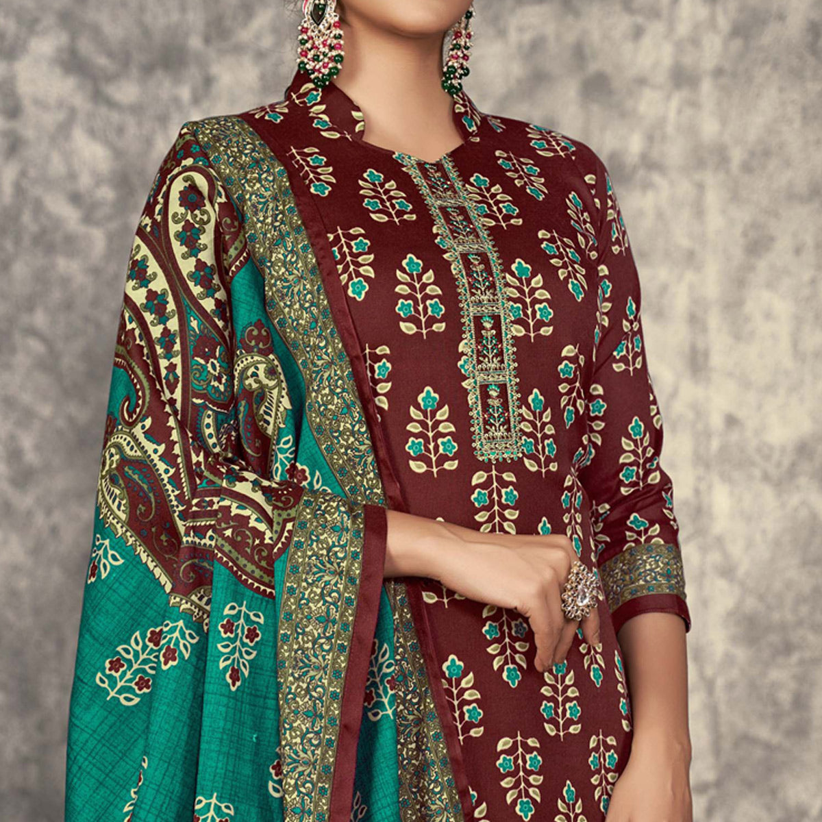 Burgundy Printed With Embroidered Pashmina Suit