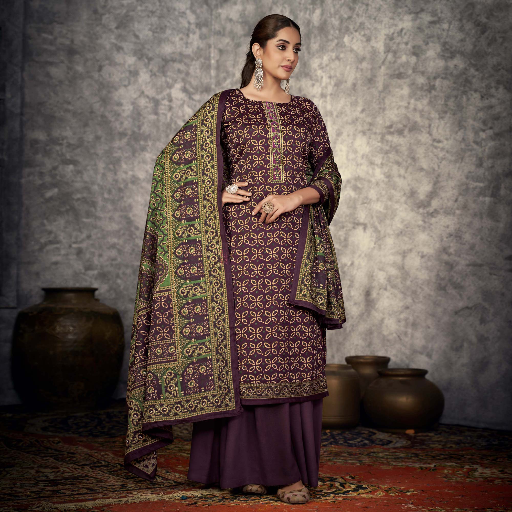 Wine Printed With Embroidered Pashmina Suit