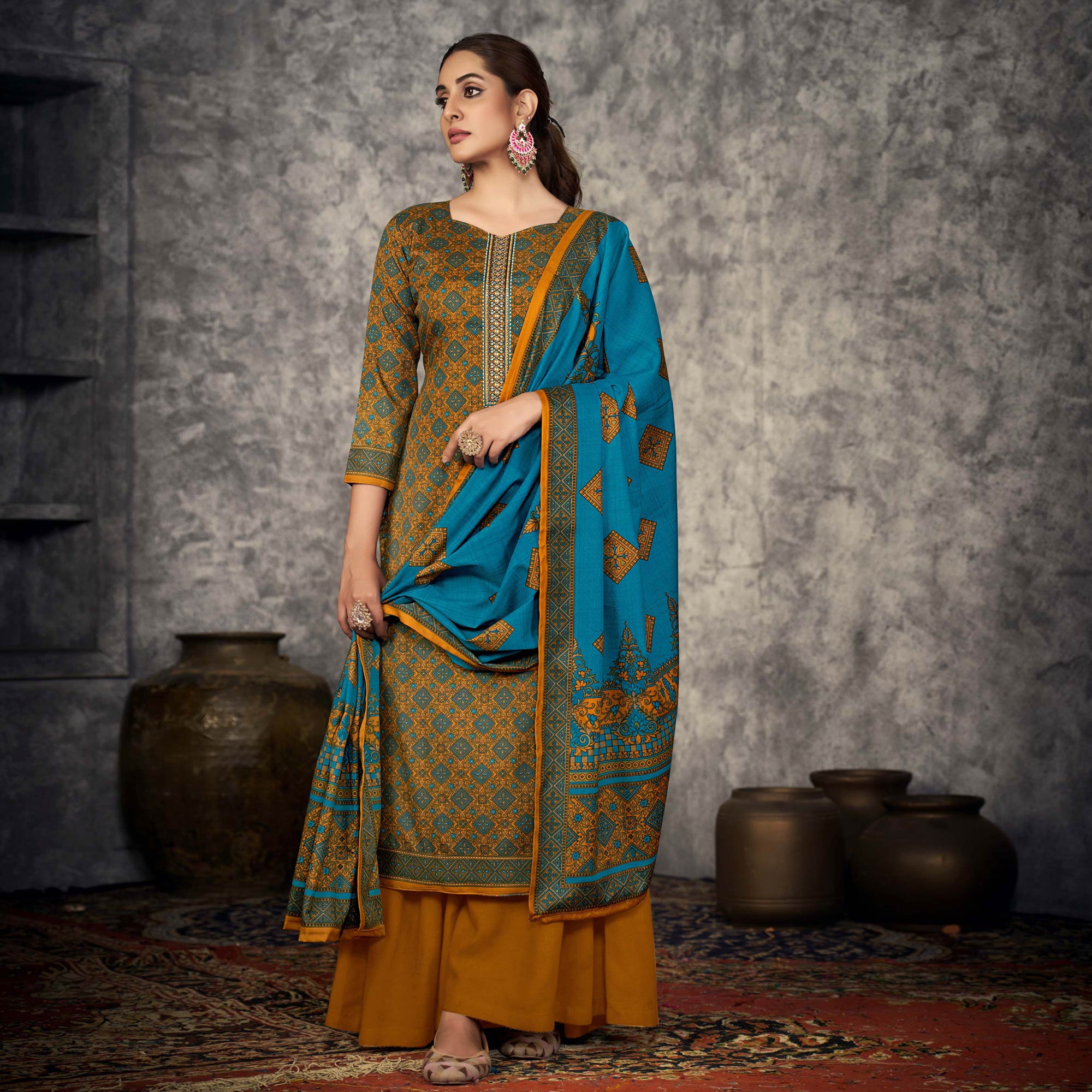 Mustard Printed With Embroidered Pashmina Suit
