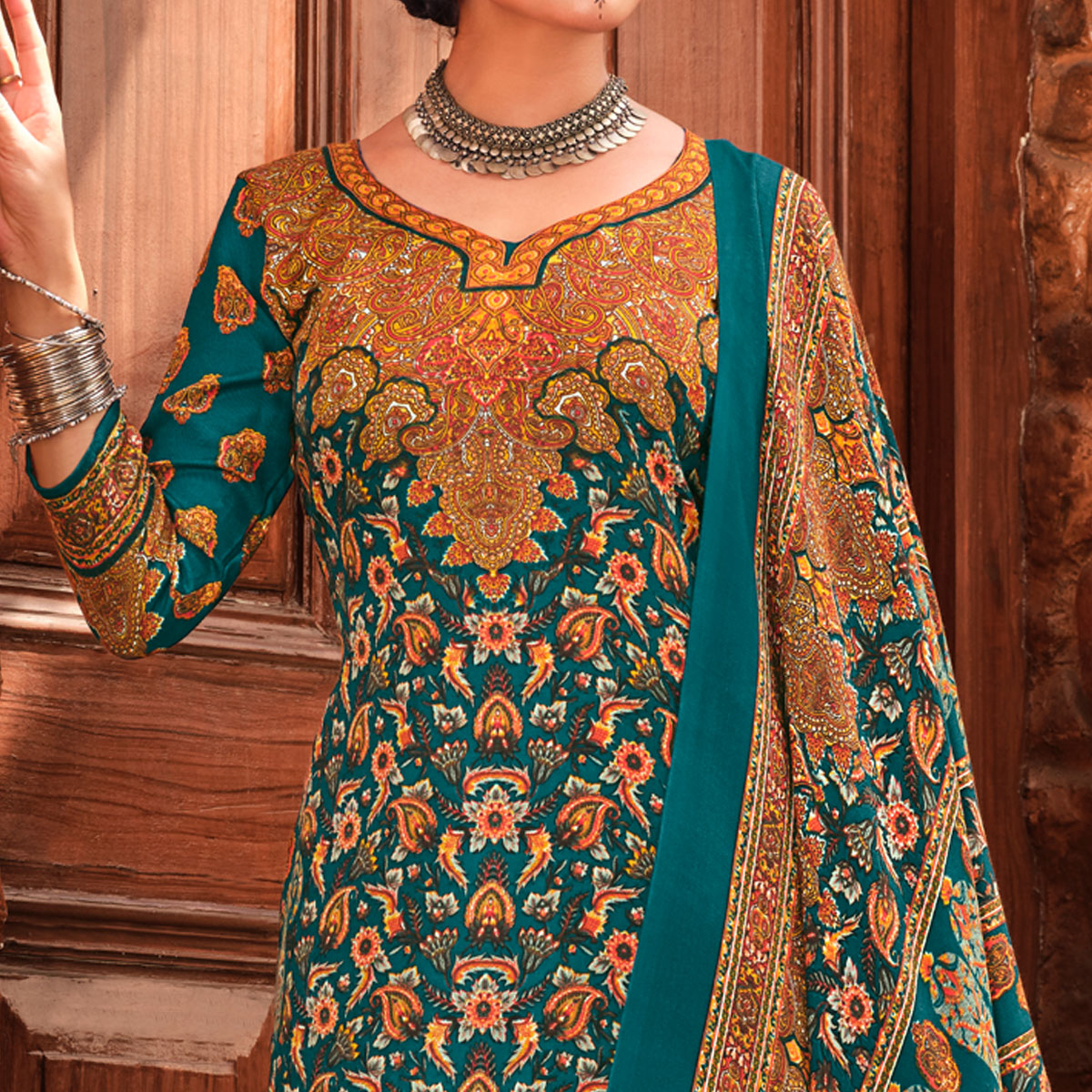 Rama Blue Floral Digital Printed Pashmina Salwar Suit