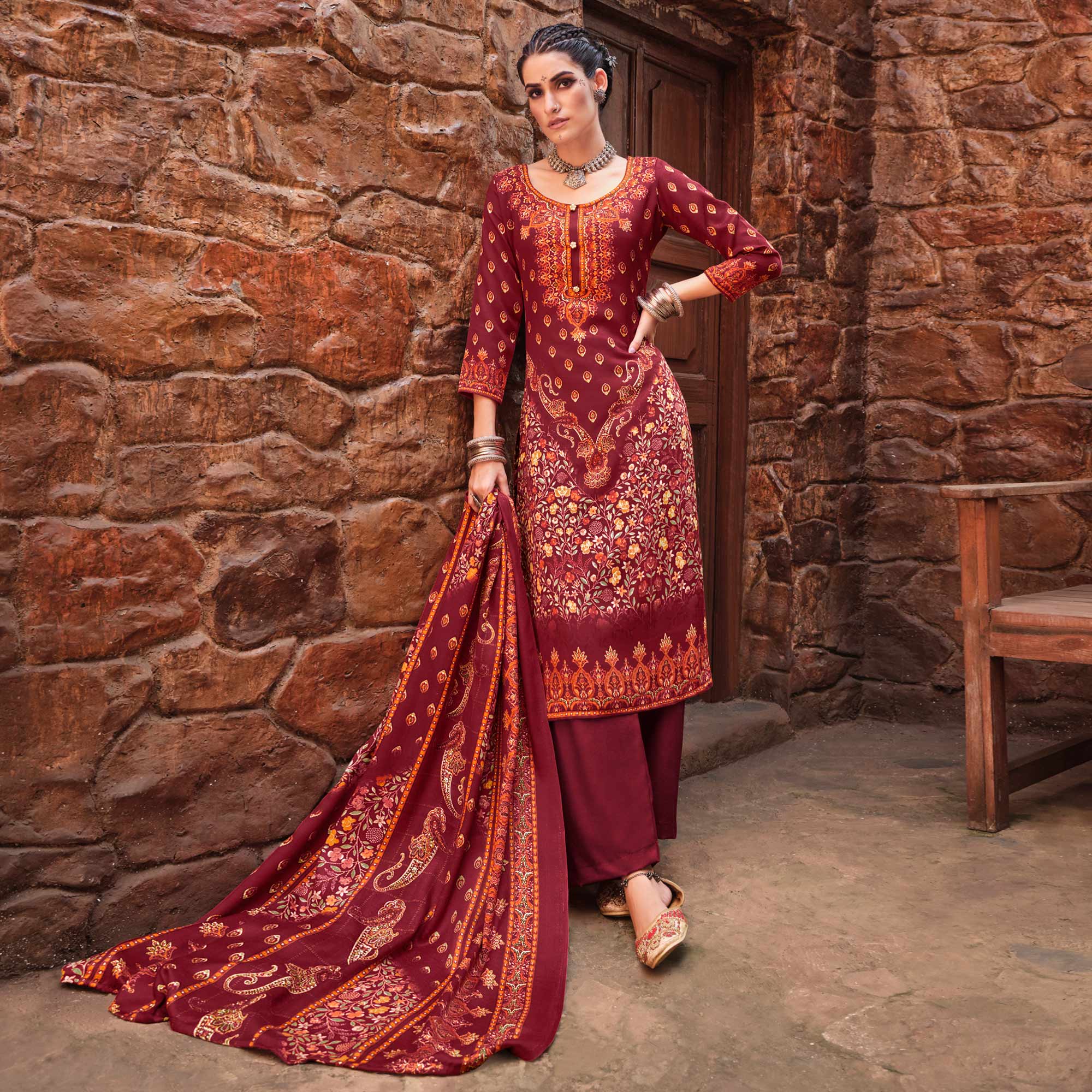 Maroon Floral Digital Printed Pashmina Salwar Suit