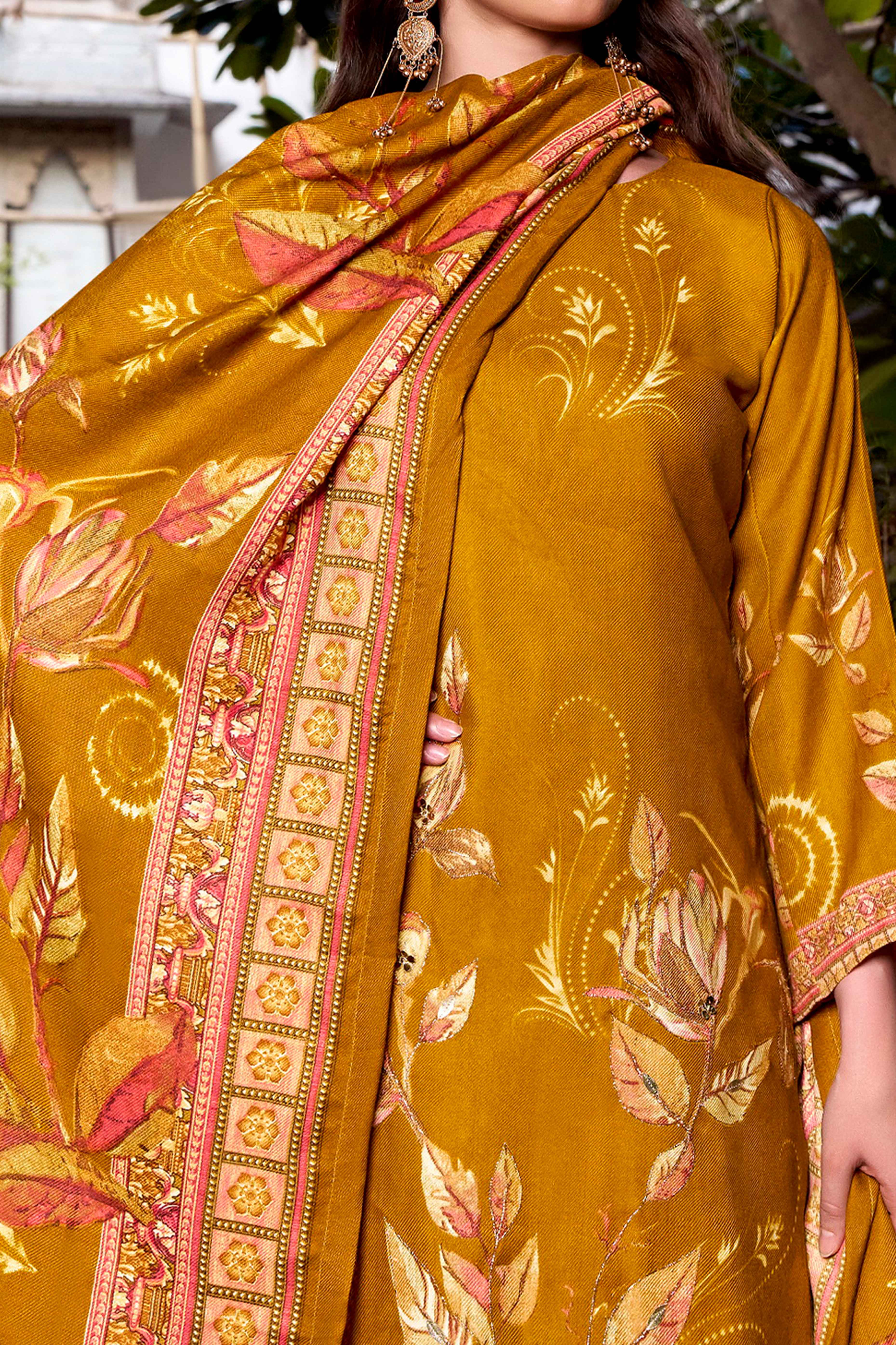Mustard Elegant Floral Printed Pure Pashmina Dress Material for Winter Wear