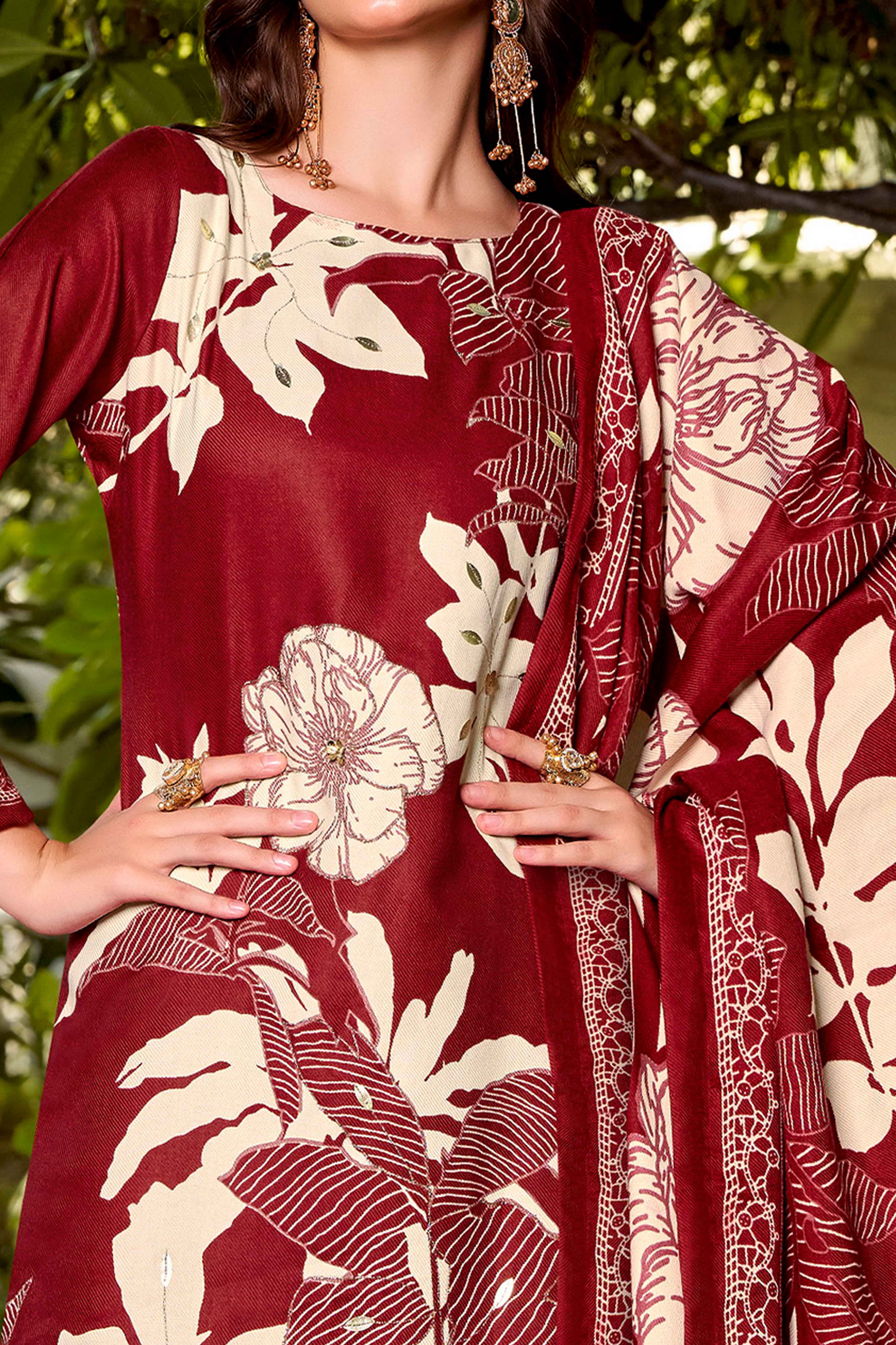 Maroon Elegant Floral Printed Pure Pashmina Dress Material for Winter Wear