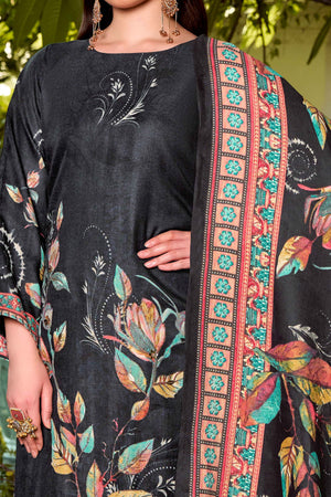 Black Elegant Floral Printed Pure Pashmina Dress Material for Winter Wear