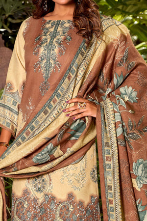 Designed Brown Pure Pashmina Wool Fabric with Floral Prints for Timeless Appeal