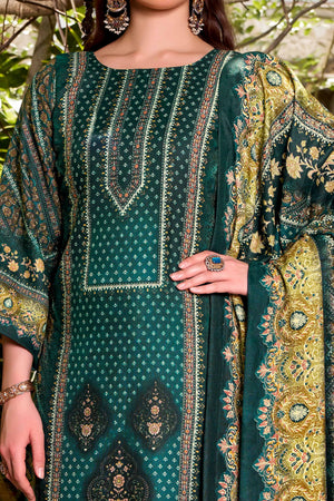 Designed Teal Green Pure Pashmina Wool Fabric with Floral Prints for Timeless Appeal